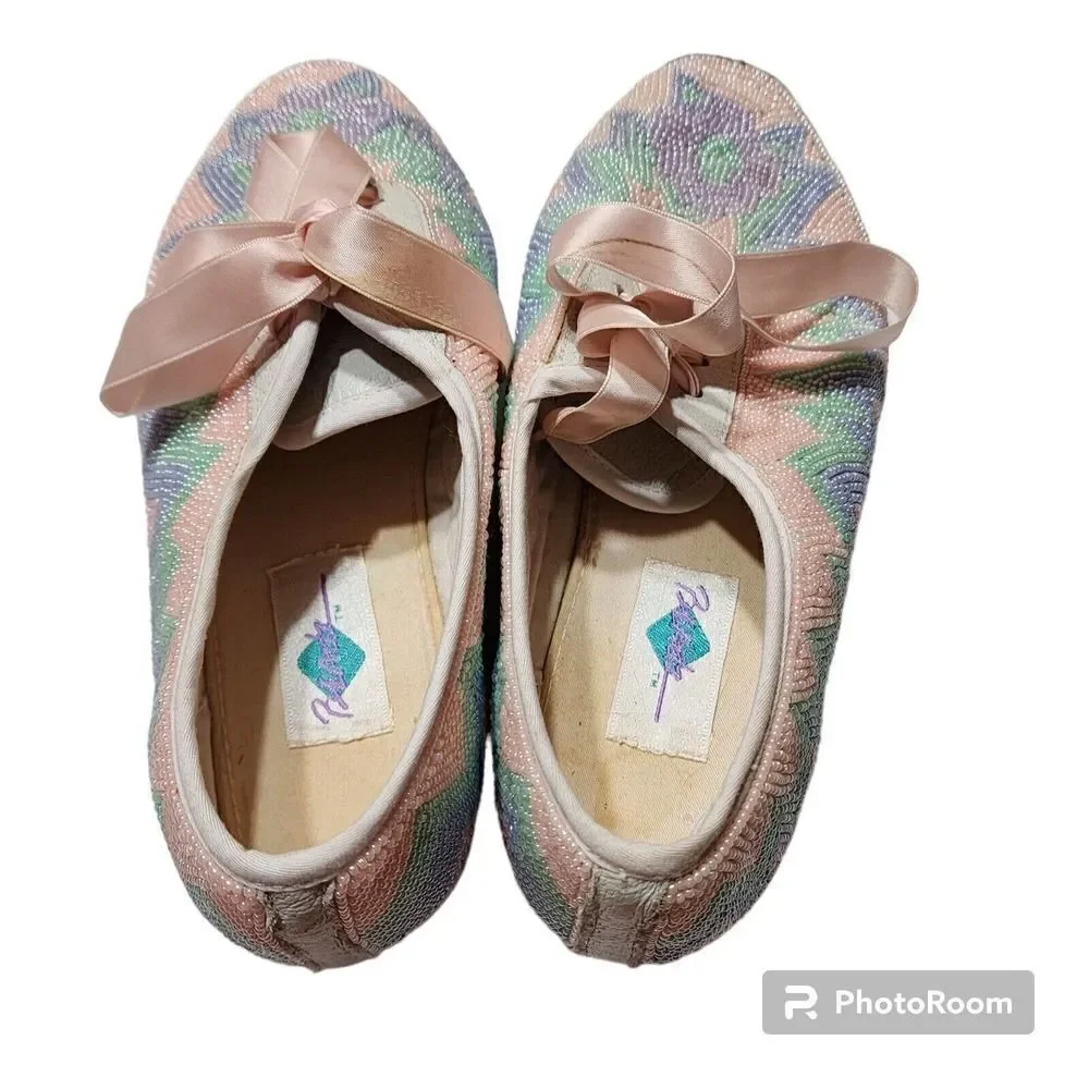 Vintage 80s Beadz Beaded Tennis Shoes Sneakers Size 8 Pink Pastel Ribbon Laces